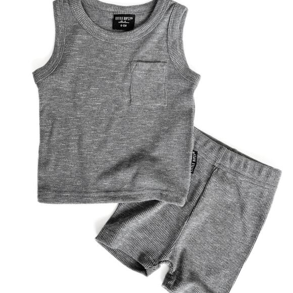 Little Bipsy Charcoal Gray Ribbed Tank & Biker Shorts Outfit Set Size 3-6 Months - Picture 1 of 9
